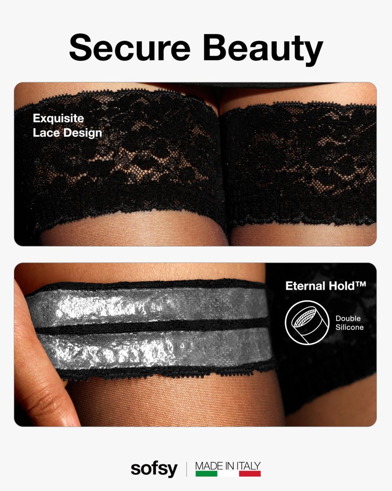 sofsy Italian Silky-Soft Plus Size Black Stockings for Women - Stay Up Sheer Thigh High Tights with Floral Lace Top | Flat Seams, All Day Comfort - XL - Image 4